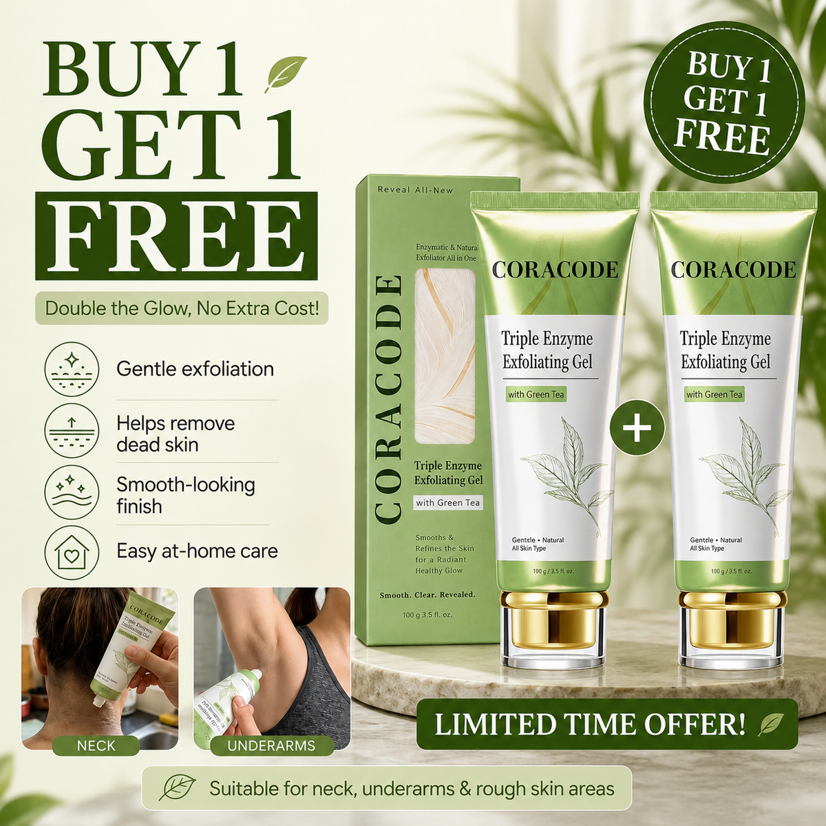 Coracode Triple Enzyme Exfoliating Gel with Green Tea Effect [ Buy 1 Get 1 Free ]
