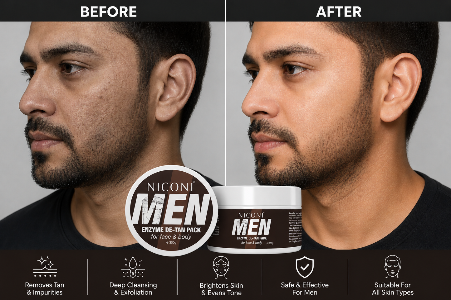 Niconi Men Enzyme De-Tan Pack (300gm) | Both for Men & Women | Buy 1 Get 1 FREE