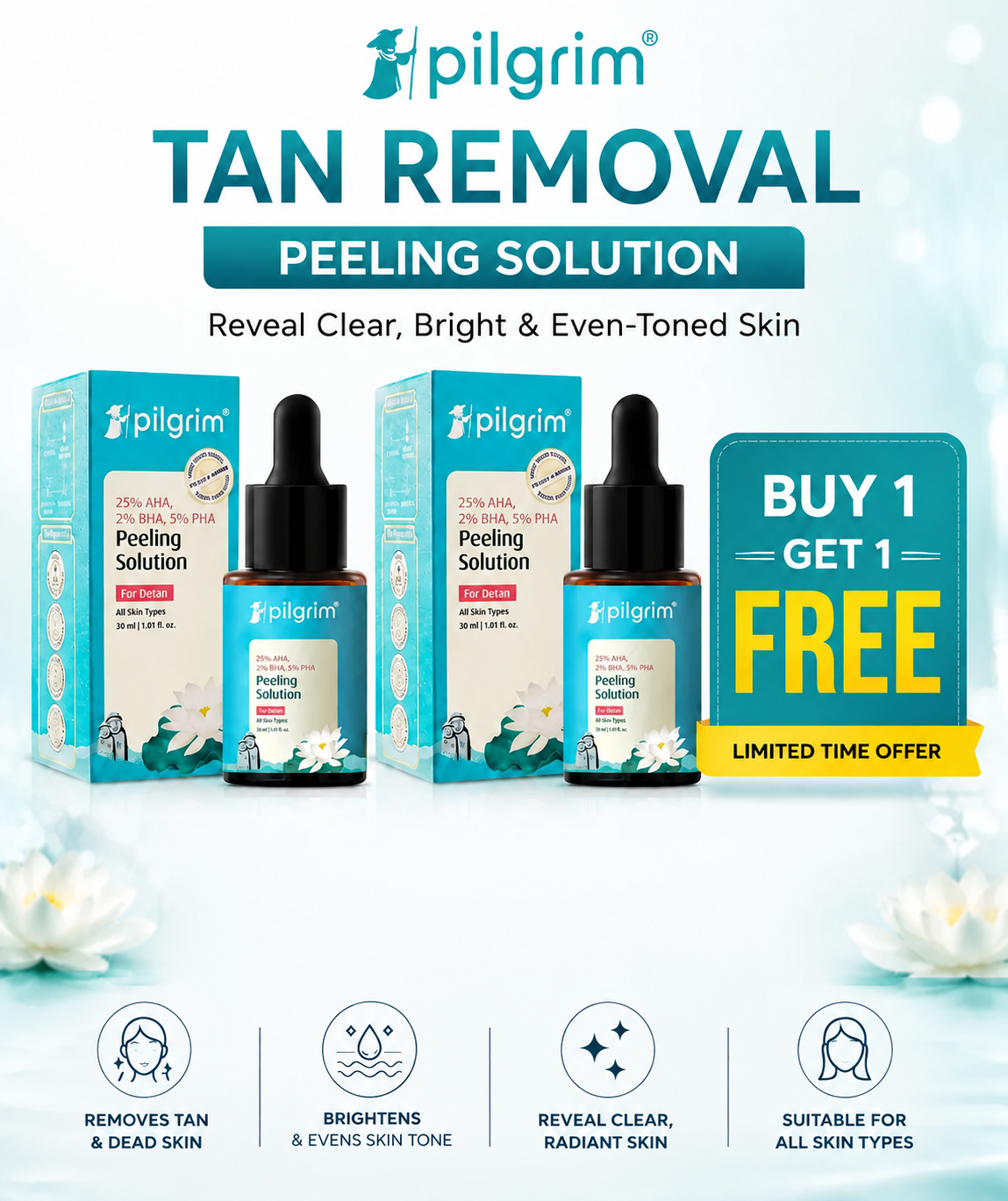 Pilgrim Serum | Peeling Solution for tan removal | Buy 1 Get 1 Free